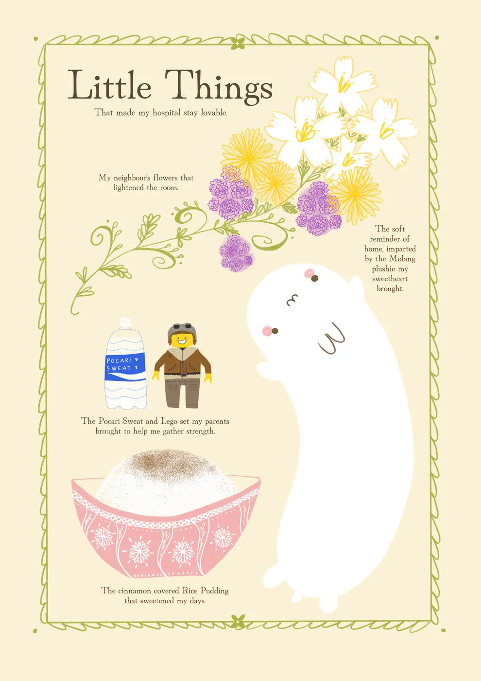 Little Things illustration by Soms: windowsill flowers, a plushie and a bowl of rice pudding